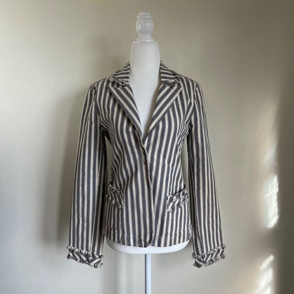 Vtg Anthropologie Burning Torch Blazer S Grey White Striped Jacket Cotton Y2K